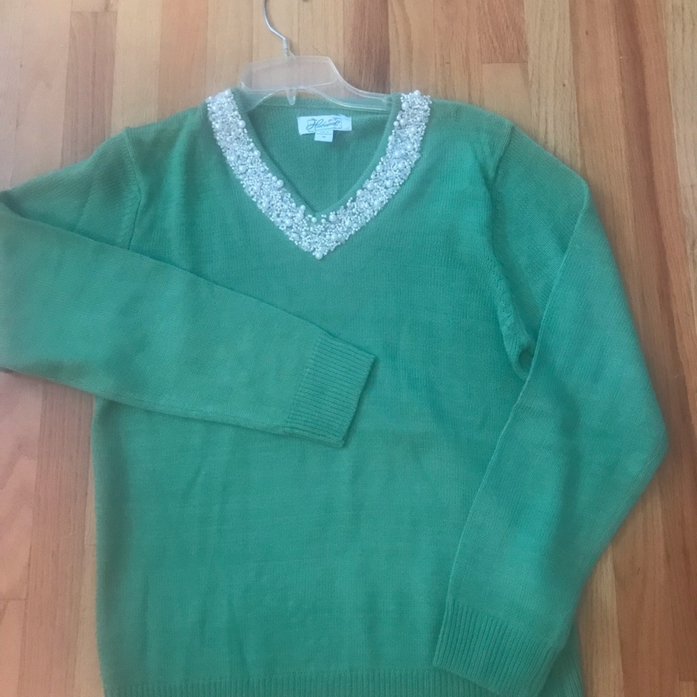 𝅺HABAND Vintage Embellished Green Long Sleeve Knit Sweater Size M